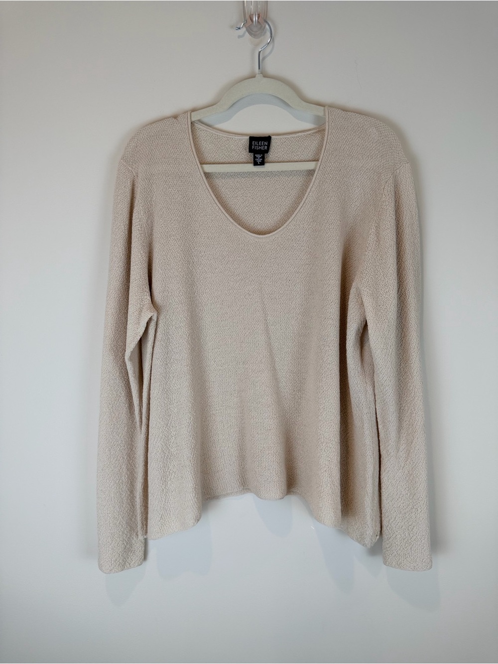 Eileen Fisher Neutral Cream Textured Scoop-Neck Long Sleeve Top Large